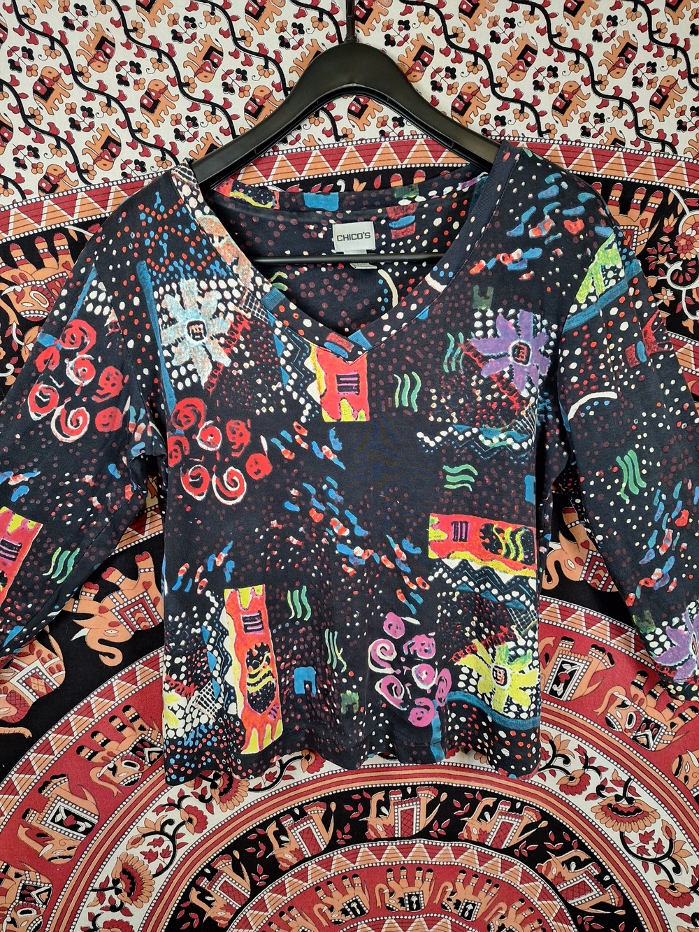 Vintage Chico's V-Neck Colorful Abstract Floral Dot & Brushstroke Long Sleeve